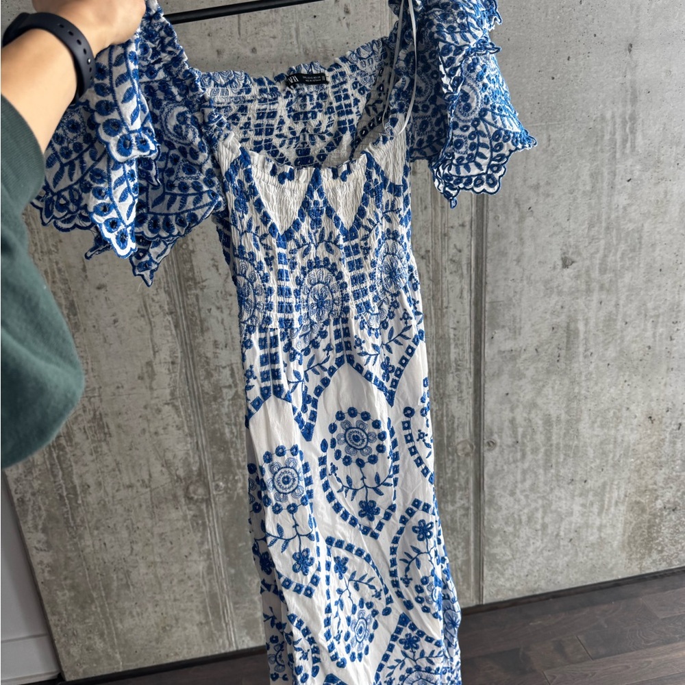 Zara Blue and White Ruffled Smocked Off the Shoulder Maxi Dress